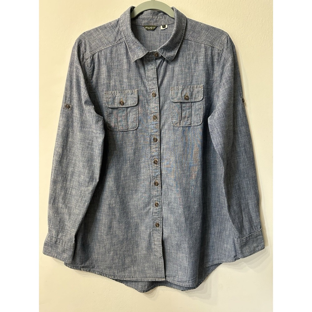 Eddie Bauer Womens L Blue Chambray Denim Button Up Shirt Roll Tab Sleeve Cotton